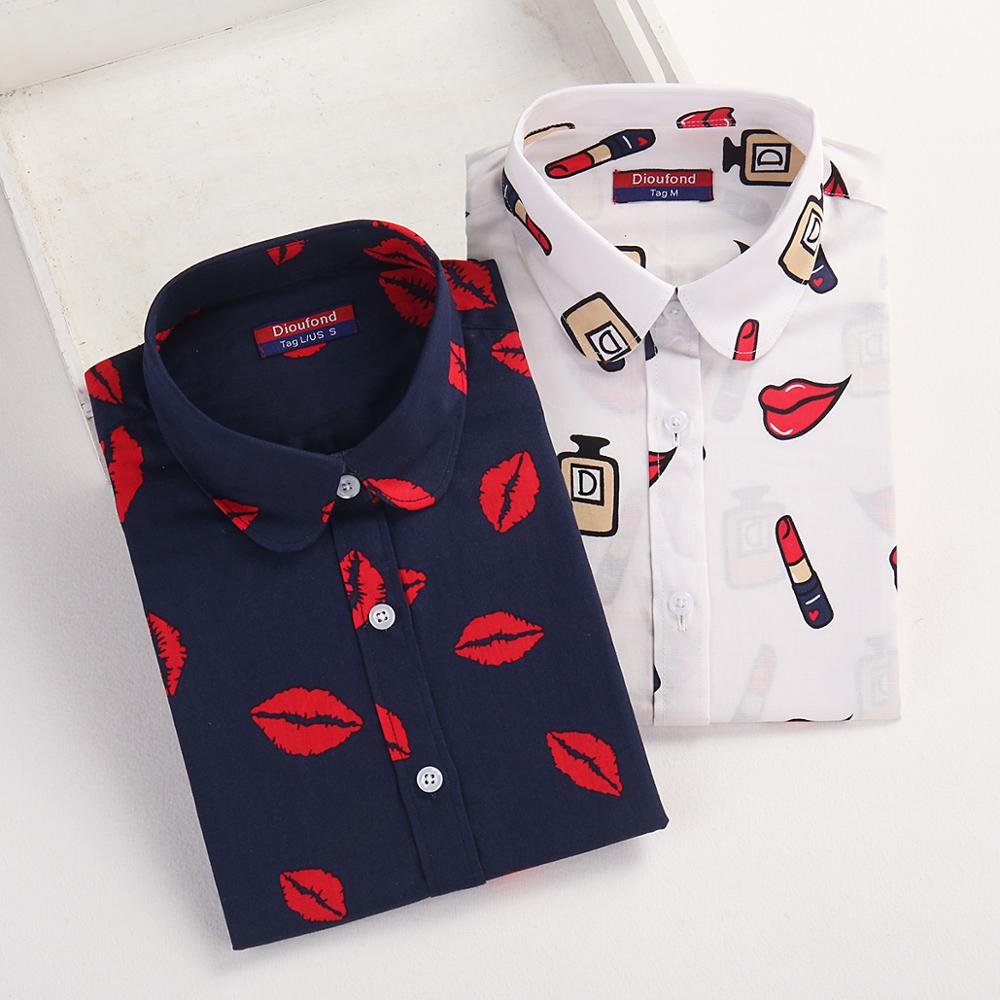 Dioufond White Navy Lips Print Women Blouses Long Sleeve Ladies Office Blouse Shirt  Casual Button Down Blusa 2017 Spring