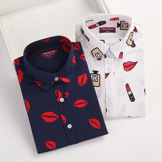 Dioufond White Navy Lips Print Women Blouses Long Sleeve Ladies Office Blouse Shirt  Casual Button Down Blusa 2017 Spring