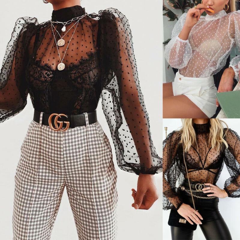 Women Mesh Sheer Polka Dot Print Long Sleeve Hollow Out Thin Lace Bottoming Shirt