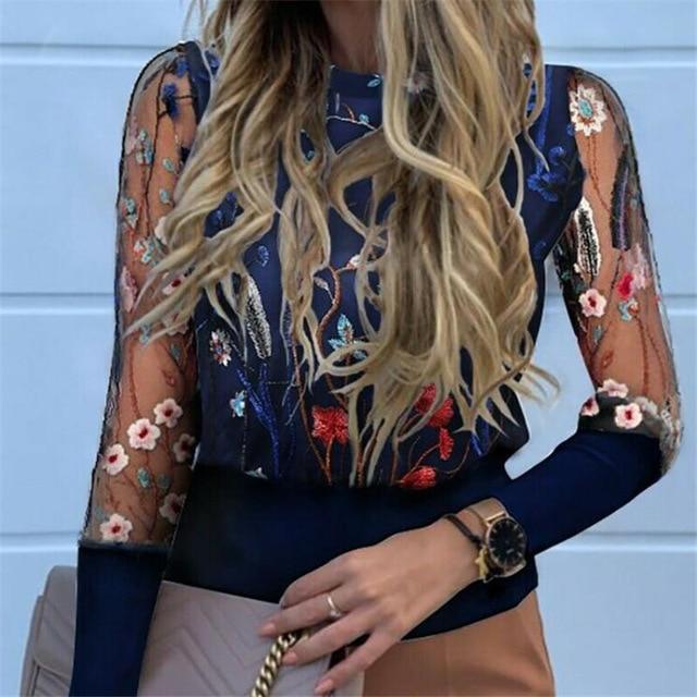 Embroidery women tops Floral Sheer Mesh Sleeve Blouse shirts Women NEW 2020 Spring patchwork pullovers Elegant sexy tops