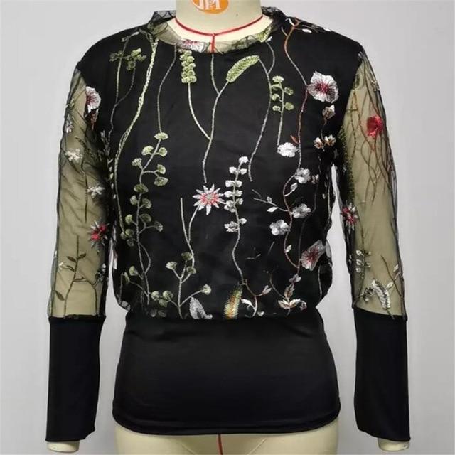 Embroidery women tops Floral Sheer Mesh Sleeve Blouse shirts Women NEW 2020 Spring patchwork pullovers Elegant sexy tops