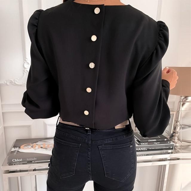 Spring Autumn O Neck Ruffle Blouse Shirts Elegant Office Lady Back Metal Buttons Blouses Casual Women Long Sleeve Blusa Tops 3XL