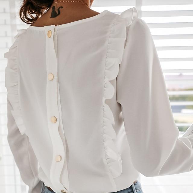 Spring Autumn O Neck Ruffle Blouse Shirts Elegant Office Lady Back Metal Buttons Blouses Casual Women Long Sleeve Blusa Tops 3XL