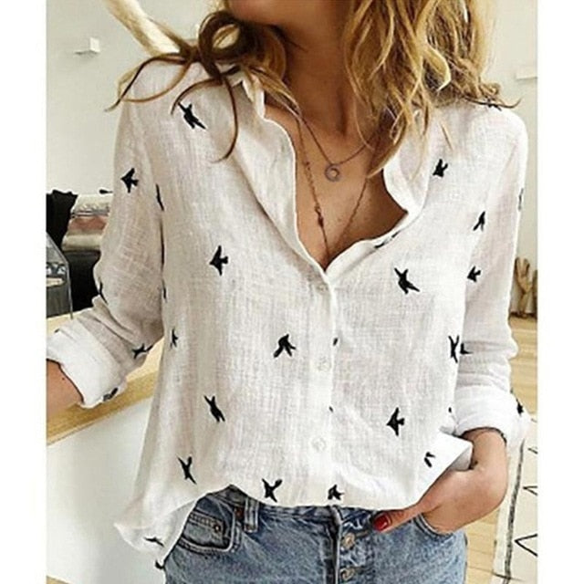 Jocoo Jolee Women Casual Birds Print Blouse Spring Summer Long Sleeve Cotton and Linen Loose Shirt Vintage Tops Tunic Plus Size