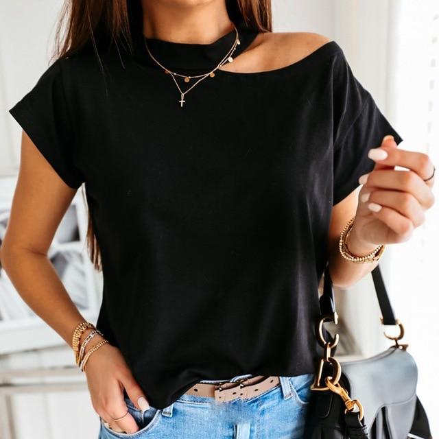 Casual Women Off Shoulder Blouse Shirt Sexy Hollow Out Halter Solid Shirts Summer Elegant Short Sleeve Tops Blusa Streetwear XXL
