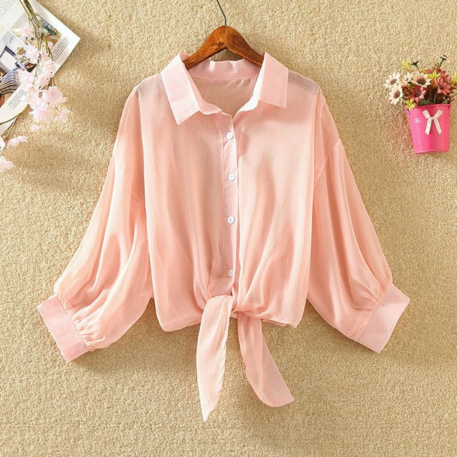 White Chiffon Blouse Women Half Sleeve 2020 Summer Transparent Thin Shirts Office Blusas Feminina Solid Workwear Plus Size Tops