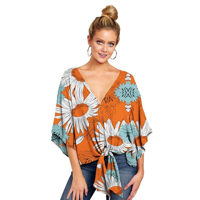 Summer Casual Loose Women Blouse Plus Size 5XL Batwing Sleeve Deep V Shirts Femme Print Tie Cotton Irregular Pullovers Female