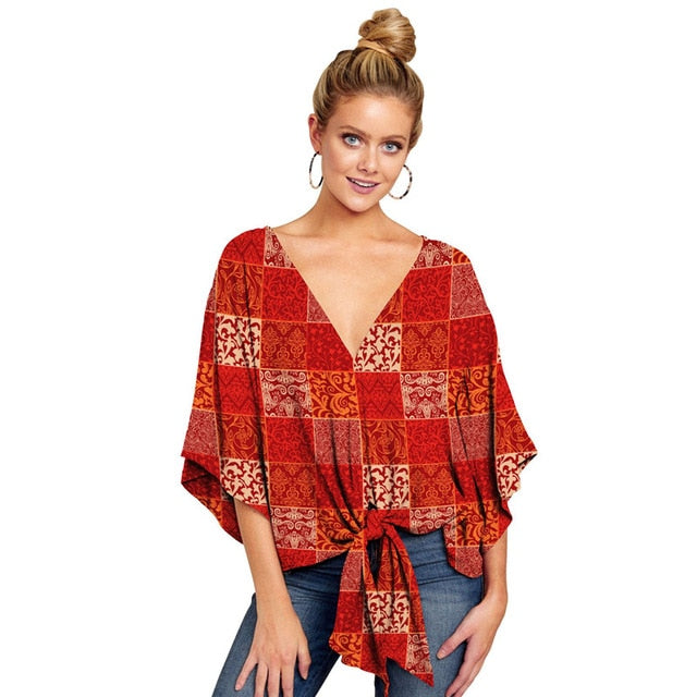 Summer Casual Loose Women Blouse Plus Size 5XL Batwing Sleeve Deep V Shirts Femme Print Tie Cotton Irregular Pullovers Female