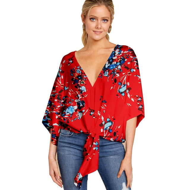 Summer Casual Loose Women Blouse Plus Size 5XL Batwing Sleeve Deep V Shirts Femme Print Tie Cotton Irregular Pullovers Female