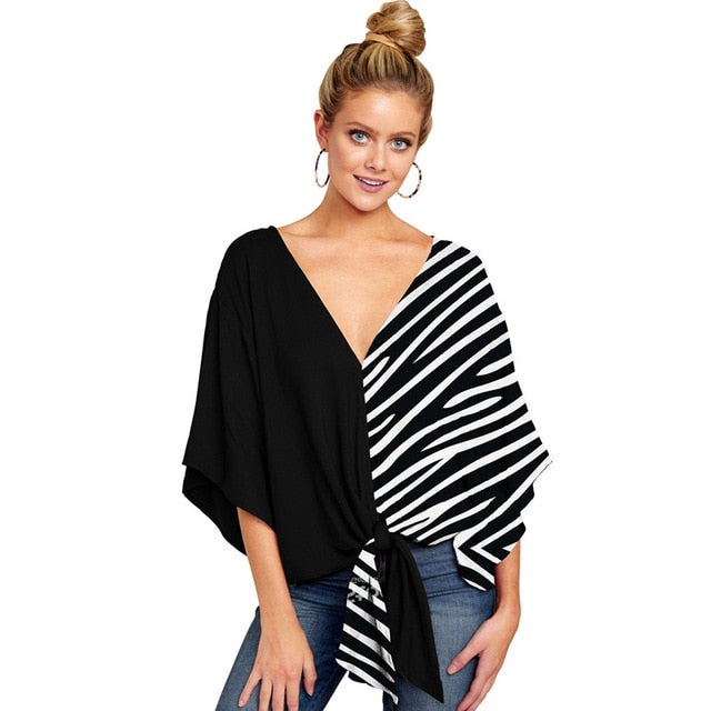 Summer Casual Loose Women Blouse Plus Size 5XL Batwing Sleeve Deep V Shirts Femme Print Tie Cotton Irregular Pullovers Female