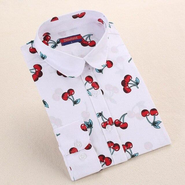 Dioufond New Floral Long Sleeve Vintage Blouse Cherry Turn Down Collar Shirt Blusas Feminino Ladies Blouses Womens  Tops Fashion