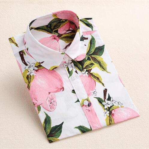 Dioufond New Floral Long Sleeve Vintage Blouse Cherry Turn Down Collar Shirt Blusas Feminino Ladies Blouses Womens  Tops Fashion