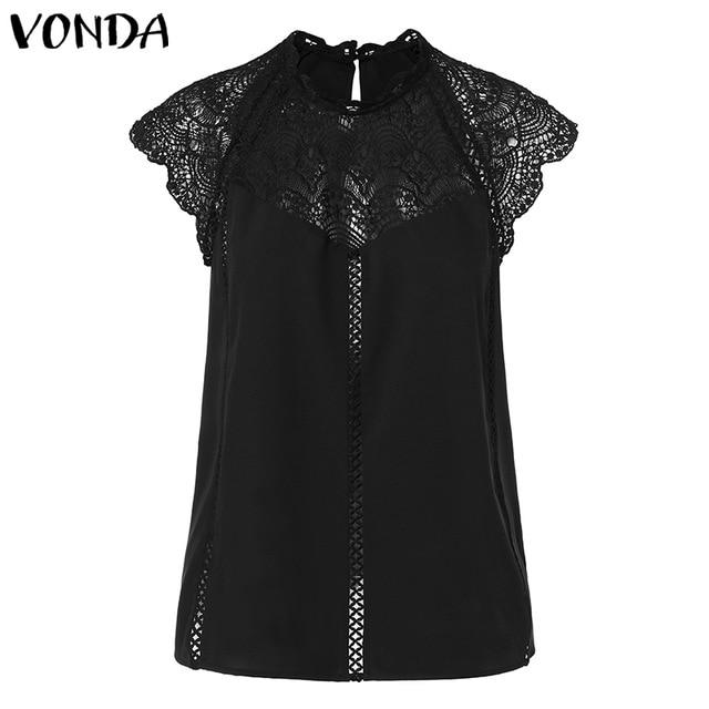 VONDA 2020 Sexy Hollow Out Women Blouse Sleeveless Lace Shirt OL Office Ladies Shirt Party Tops Camisas White Blouse Plus Size