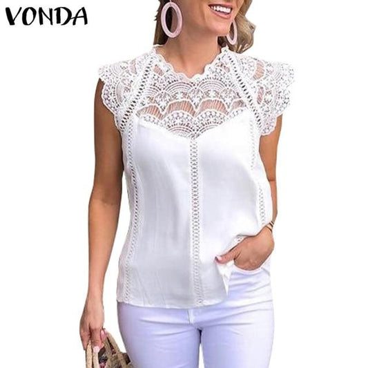 VONDA 2020 Sexy Hollow Out Women Blouse Sleeveless Lace Shirt OL Office Ladies Shirt Party Tops Camisas White Blouse Plus Size