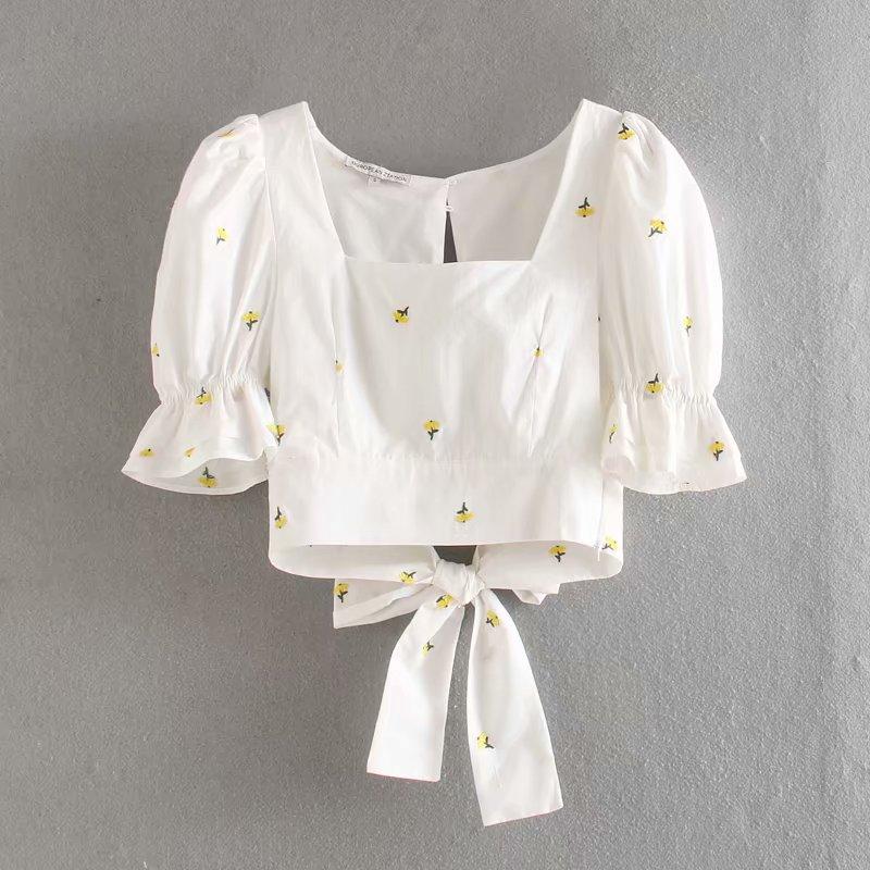 New 2020 women square collar puff sleeve floral embroidery smock blouse ladies backless bow tied shirts chic blusas tops LS6573