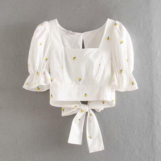 New 2020 women square collar puff sleeve floral embroidery smock blouse ladies backless bow tied shirts chic blusas tops LS6573