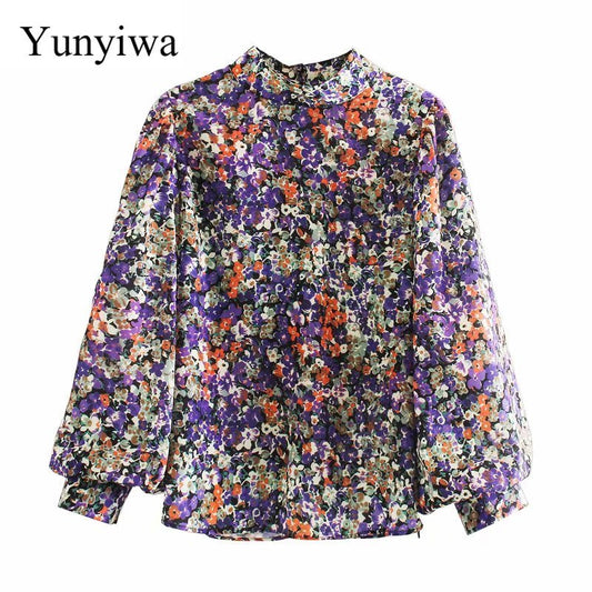 New 2020 women vintage stand collar floral print casual kimono blouse women pleats lantern sleeve chic shirt chemise tops