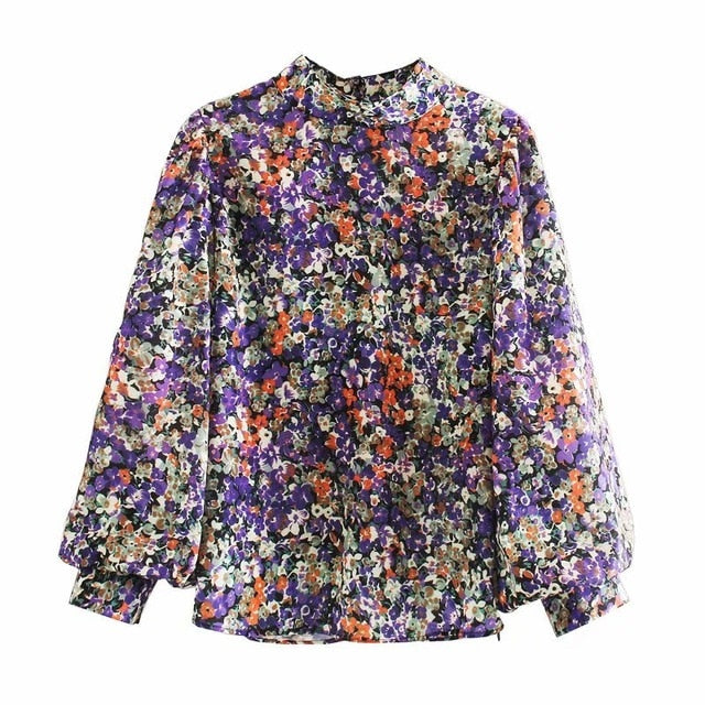 New 2020 women vintage stand collar floral print casual kimono blouse women pleats lantern sleeve chic shirt chemise tops