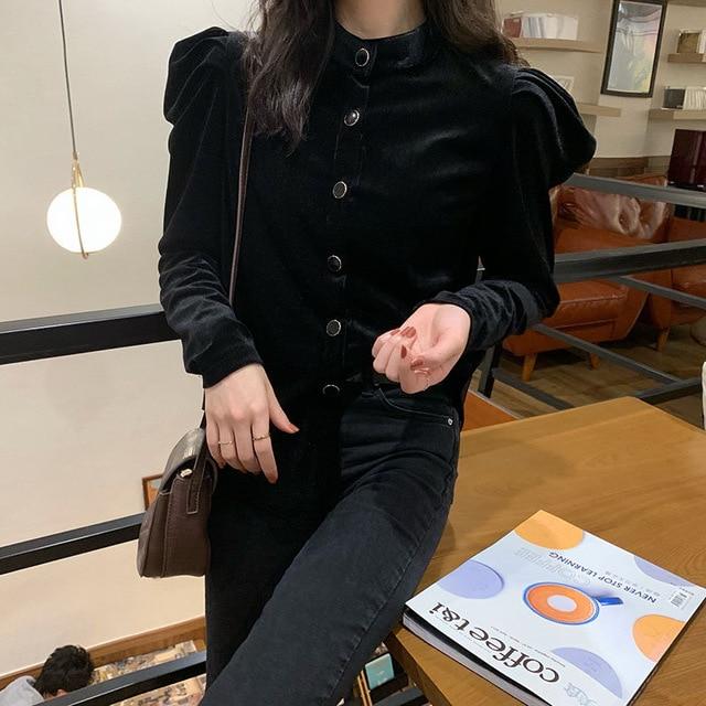 Alien Kitty 2020 Black Vintage Chic Basic Solid Velvet Blouses Retro Sweet Stylish All-Match Loose Office Lady Casual Shirt