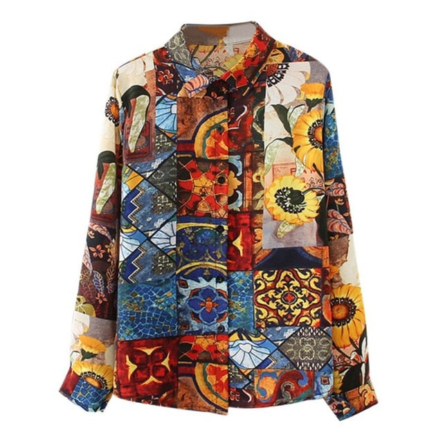 Women Retro Sunflower Print Shirt Oil Painting Print Design Blouse Girl Loose Lapel Tops and Blouses 2020 New