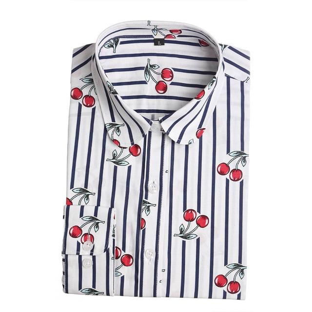 Dioufond Cotton Long Sleeve Women Blouses School Work Office Shirts Casual Tops Ladies Cherry Print Shirt Women Fashion Clothing