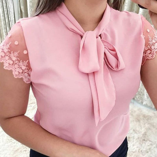 Umeko Lace Up Bow Tie Shirt 2019 Summer Short Sleeve Chiffon Casual Blouse Plus Size 5xl Office Lady Blusas