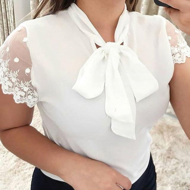Umeko Lace Up Bow Tie Shirt 2019 Summer Short Sleeve Chiffon Casual Blouse Plus Size 5xl Office Lady Blusas