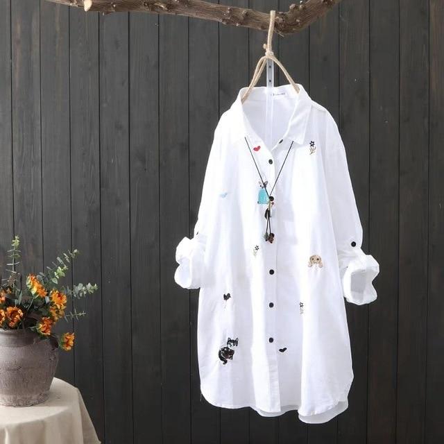 Plus size Cotton Embroidery women loose long white shirts 2019 spring autumn NEW casual ladies blouse female tops oversize