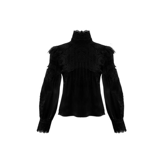 CHICEVER Summer Casual Solid Lace Hollow Out Women Shirt Stand Collar Puff Sleeve Slim Plus Size Female Top Clothing 2020 New