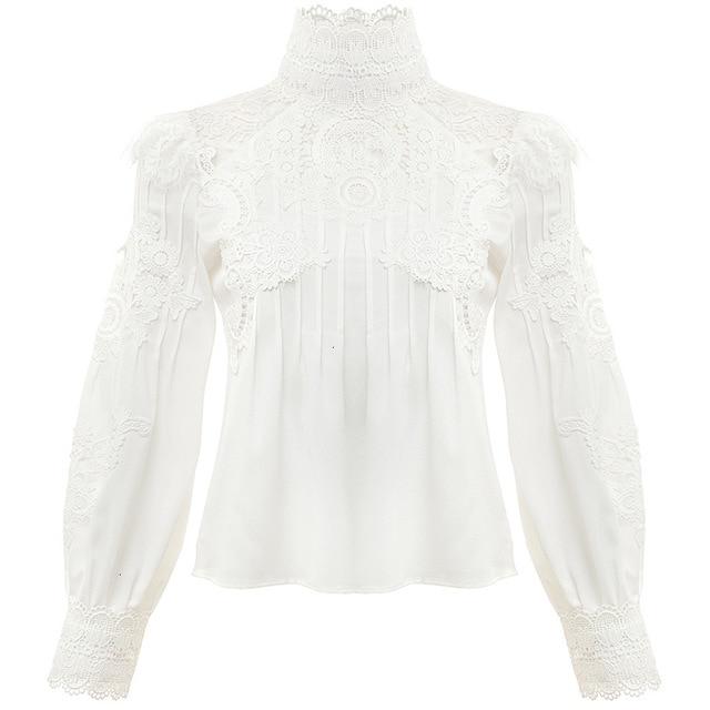 CHICEVER Summer Casual Solid Lace Hollow Out Women Shirt Stand Collar Puff Sleeve Slim Plus Size Female Top Clothing 2020 New