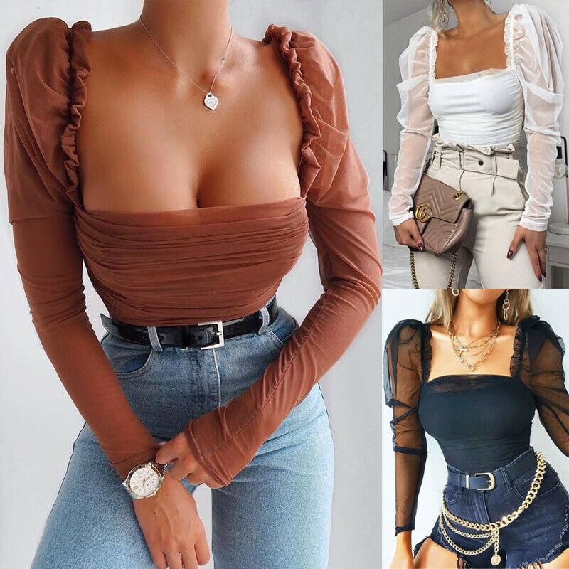 Women Sexy Casual Solid Color Mesh Patchwork Puff Sleeve Ruched Blouse Square Neck Blouse