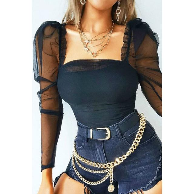 Women Sexy Casual Solid Color Mesh Patchwork Puff Sleeve Ruched Blouse Square Neck Blouse
