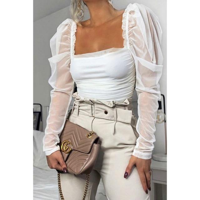 Women Sexy Casual Solid Color Mesh Patchwork Puff Sleeve Ruched Blouse Square Neck Blouse