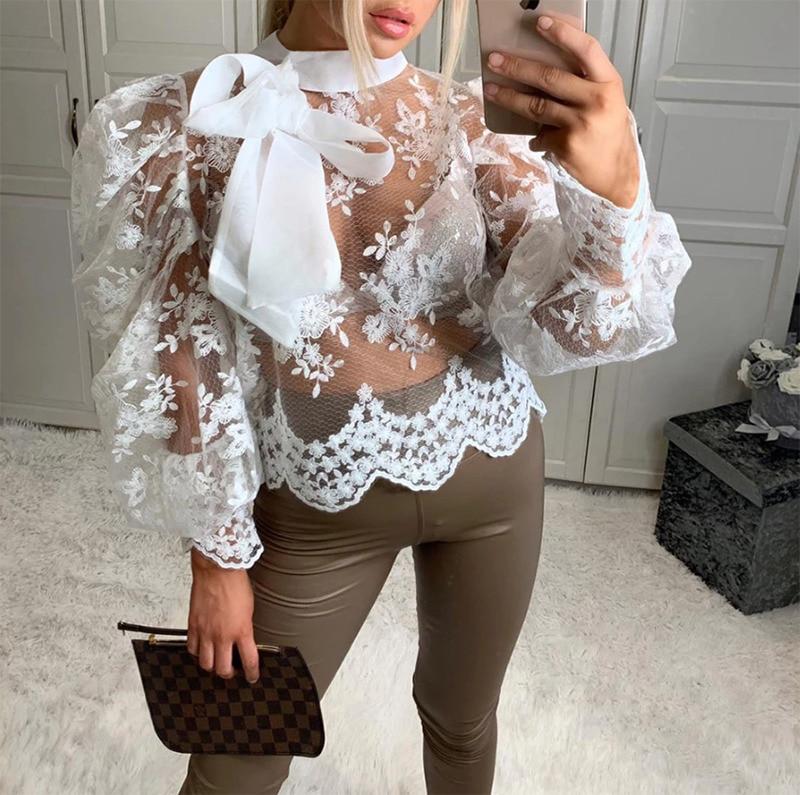 Sexy Women Lady Crochet Mesh Sheer See-Through Long Puff Sleeve Tops Shirt Bow Neck Loose Casual Blouse Top