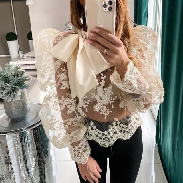 Sexy Women Lady Crochet Mesh Sheer See-Through Long Puff Sleeve Tops Shirt Bow Neck Loose Casual Blouse Top