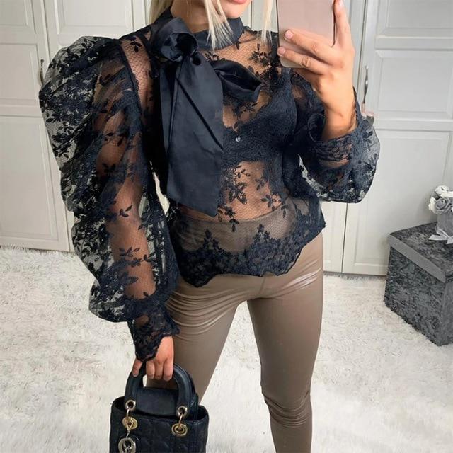 Sexy Women Lady Crochet Mesh Sheer See-Through Long Puff Sleeve Tops Shirt Bow Neck Loose Casual Blouse Top