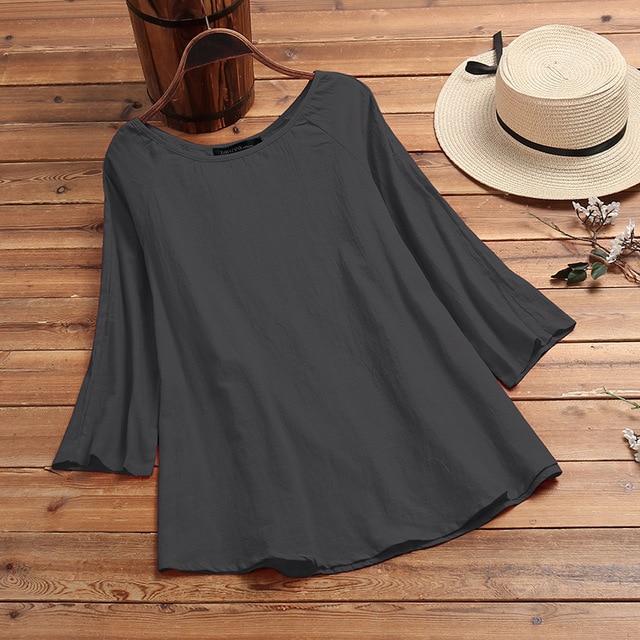 Fashion Summer Shirt ZANZEA Women Long Sleeve Solid Cotton Linen Blouse Blusas Femininas Basic Tops Robe Loose Chemise Tunic 5XL