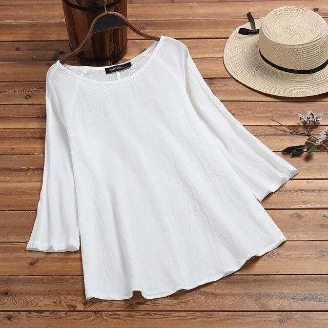 Fashion Summer Shirt ZANZEA Women Long Sleeve Solid Cotton Linen Blouse Blusas Femininas Basic Tops Robe Loose Chemise Tunic 5XL