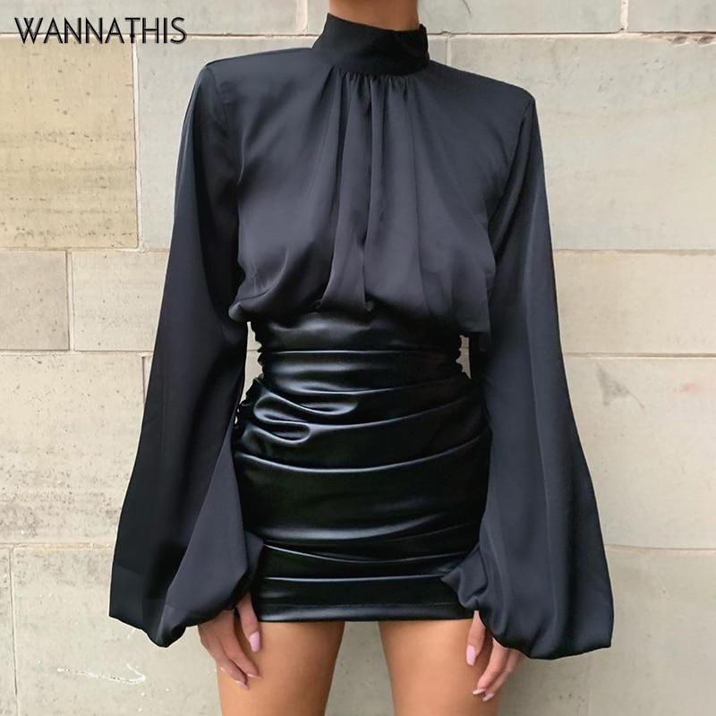 WannaThis Black Lantern Sleeve Hight Neck Satin Blouse Women Slim Solid Ruched Cropped Elastic Fashion Spring Elegant Ladies Top