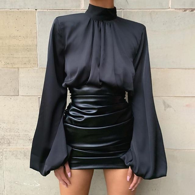 WannaThis Black Lantern Sleeve Hight Neck Satin Blouse Women Slim Solid Ruched Cropped Elastic Fashion Spring Elegant Ladies Top