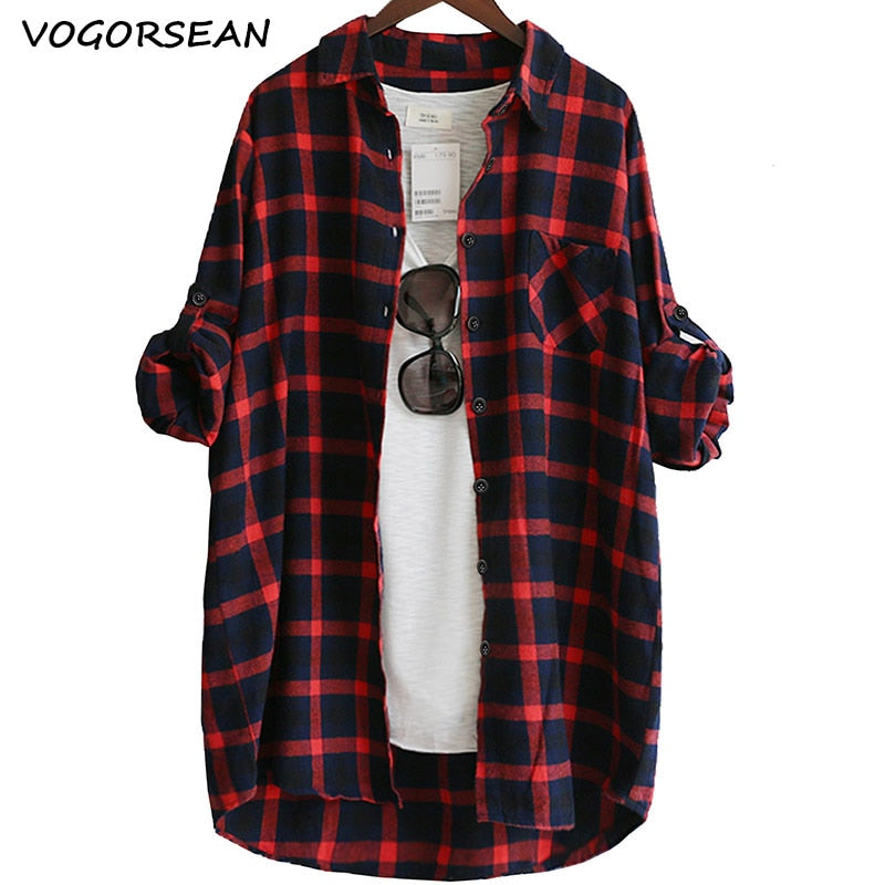 VogorSean Cotton Women Blouse Shirt Plaid 2020 Loose Casual Plaid Long sleeve Large size Tops Womens Blouses red/green