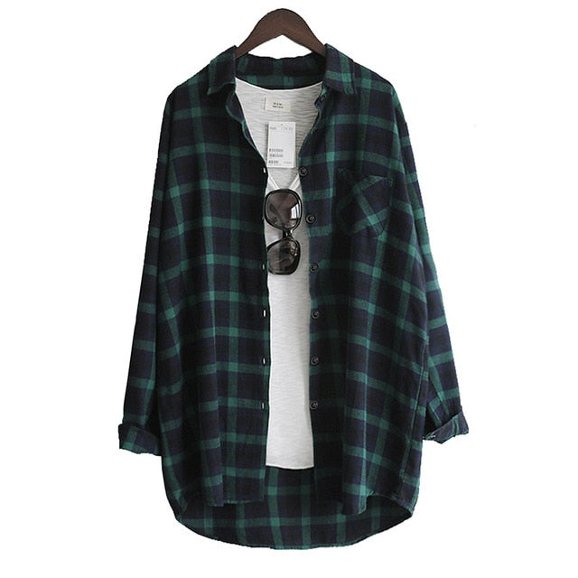 VogorSean Cotton Women Blouse Shirt Plaid 2020 Loose Casual Plaid Long sleeve Large size Tops Womens Blouses red/green
