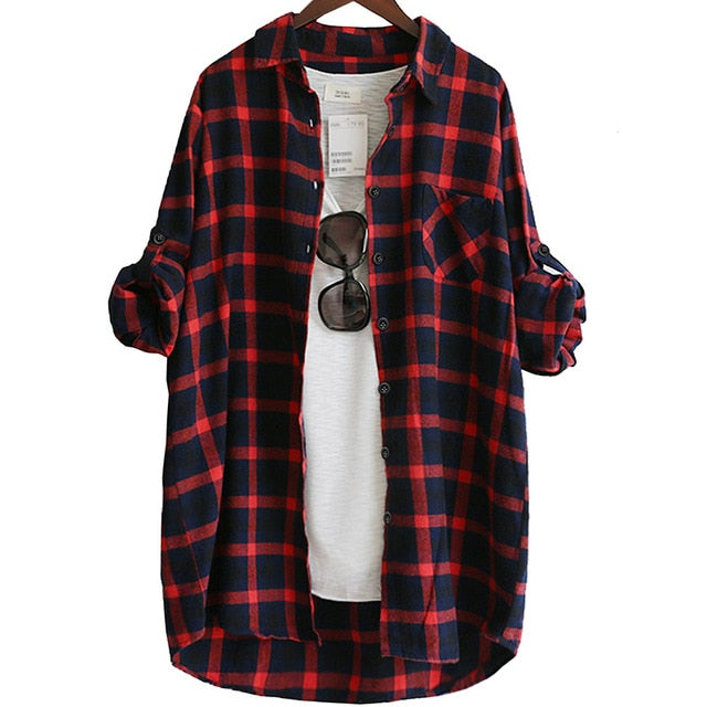 VogorSean Cotton Women Blouse Shirt Plaid 2020 Loose Casual Plaid Long sleeve Large size Tops Womens Blouses red/green