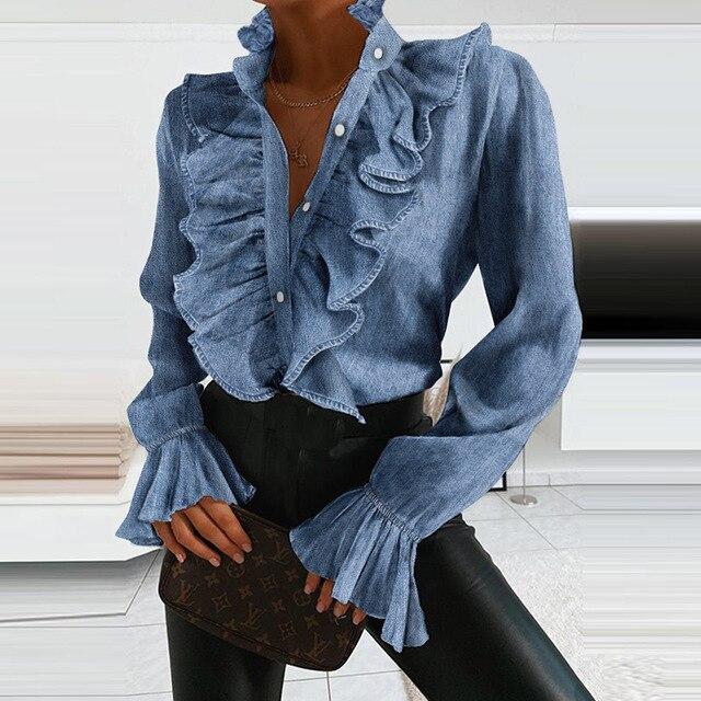 Summer Ruffle Button Chiffon Blouse Spring Elegant Flare Sleeve Women Tops Blusa Office Lady Sexy V-Neck Pleated Blouse Shirt XL