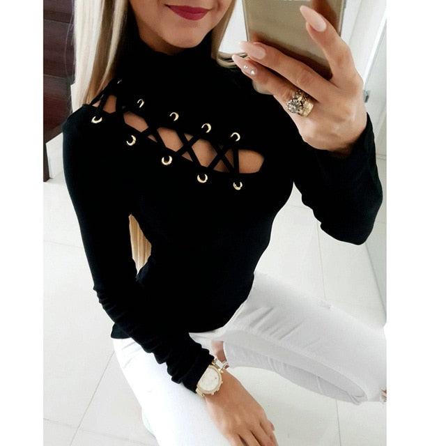 Feitong Fashion Blouse Women 2019 Sexy Autumn Winter High Collar Solid Hollow Out Leaky Skinny Blusa Feminina рубашка женская