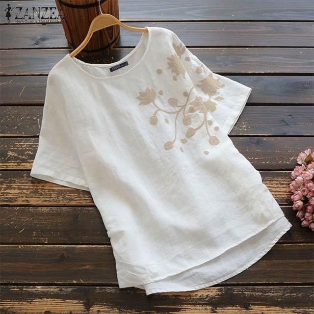 ZANZEA Spring Long Sleeve Ruffles Tops Women Vintage Embroidery Blouse  Casual O Neck Cotton Linen Blusas Femininas Shirt Mujer