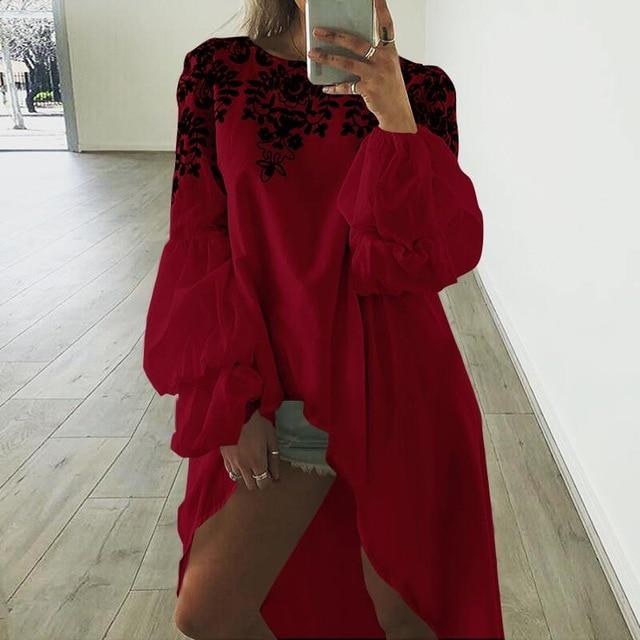 Celmia Fashion Retro Printed Women Long Lantern Sleeve Long Top Blouse Asymmetrical Tunic Shirt Casual Loose Blusas Mujer 5XL 7