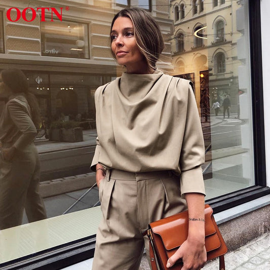 OOTN Draped Collar Womens Tops And Blouses Elegant Long Sleeve Solid Office Blouse Ladies Shirt Casual Top Female Streetwear