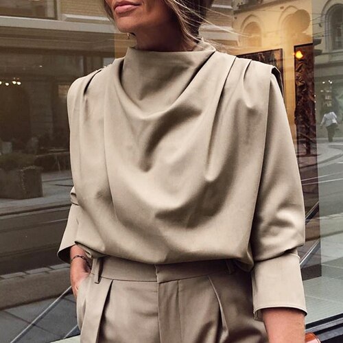 OOTN Draped Collar Womens Tops And Blouses Elegant Long Sleeve Solid Office Blouse Ladies Shirt Casual Top Female Streetwear