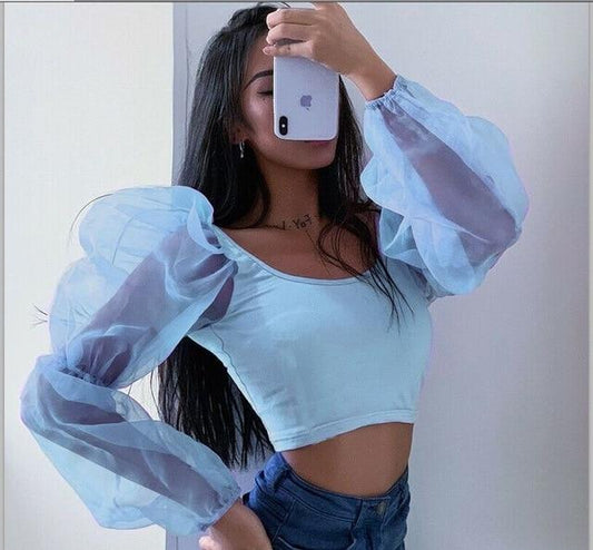 New Women Mesh Sheer Blouse See-through Lantern Long Sleeve Blouse Fashion Pearl Button Transparent White Shirt Female Blusas